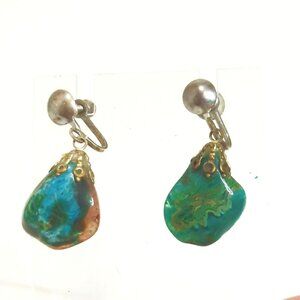 Vintage Screw Back Earrings With Green Brown Stones & Silver-Tone Accents